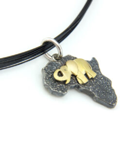 Pendant with necklace*, small size Africa with elephant: 375 Gold (9ct), oxidized 925 Sterling Silver
