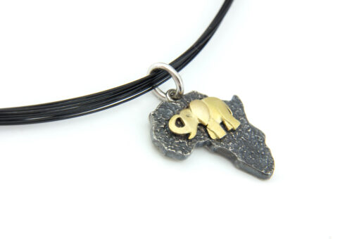 Pendant with necklace*, small size Africa with elephant: 375 Gold (9ct), oxidized 925 Sterling Silver