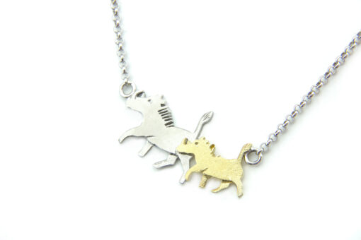 Collier with 2 warthogs: 925 Sterling Silver, 375 Gold (9ct), adjustable length
