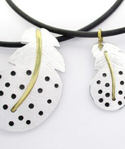 Pendant large Guinea fowl feather Brass