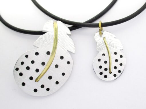 Pendant large Guinea fowl feather Brass