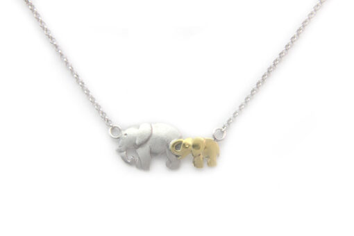 Collier with 2 elephants: 925 Sterling Silver, 375 Gold (9ct), adjustable length