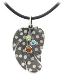 Pendant with necklace*, large guinea fowl feather : 925 Sterling Silver, loosly swinging fac. gems ( 4 mm Citrine*, 3 mm Topaz*, 3 mm Peridot*)