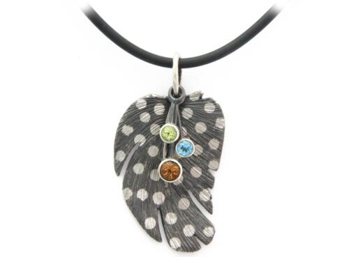 Pendant with necklace*, large guinea fowl feather : 925 Sterling Silver, loosly swinging fac. gems ( 4 mm Citrine*, 3 mm Topaz*, 3 mm Peridot*)