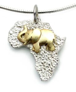Pendant with necklace*, medium size Africa with elephant: 375 Gold (9ct), 925 Sterling Silver