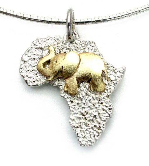 Pendant with necklace*, medium size Africa with elephant: 375 Gold (9ct), 925 Sterling Silver