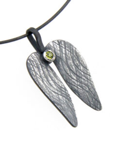 Pendant with necklace*, large Mopane leaf: oxidized 925 Sterling Silver, 4 mm Peridot*