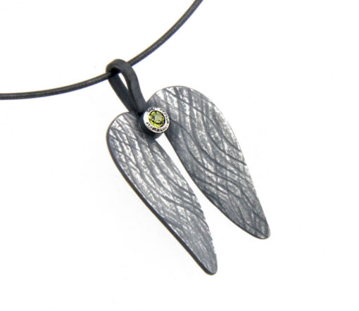 Pendant with necklace*, large Mopane leaf: oxidized 925 Sterling Silver, 4 mm Peridot*