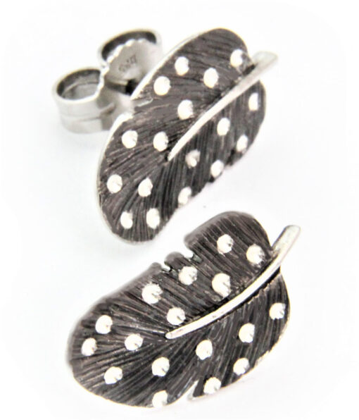 Stud earrings guinea fowl feather: 925 Sterling Silver