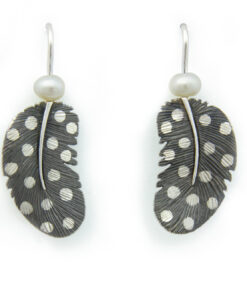 Earrings guinea fowl feather: 925 Sterling Silver, white freshwater pearls